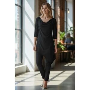 ST. JOHN Black 3Q Sleeve Asymmetrical Hem Mini Cocktail Dress Tunic Size P